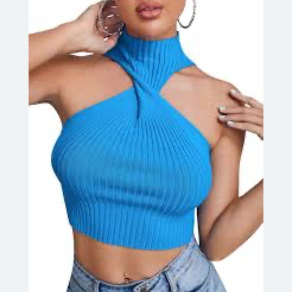 Blue Halter Neck Ribbed Top - Picture 4 of 8
